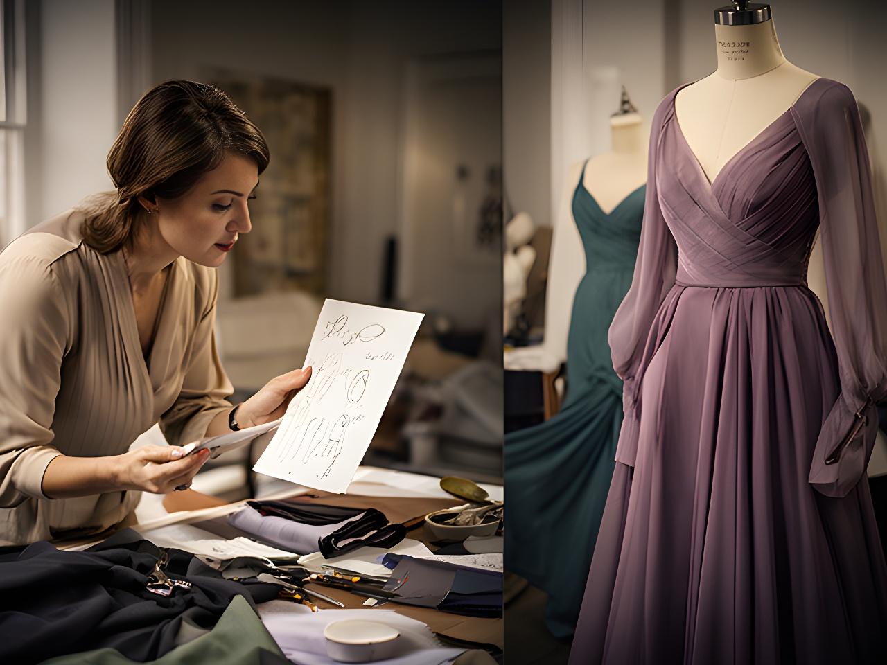 Dressmaker reviewing fabric notes beside an evening gown in a Nottinghamshire atelier