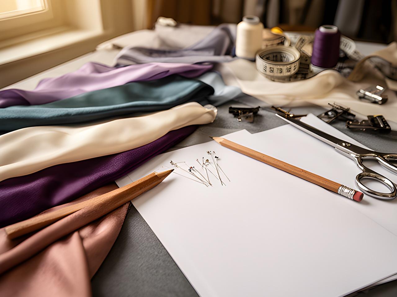 Close view of fabric swatches, a pencil and handwritten dressmaking notes on an atelier table
