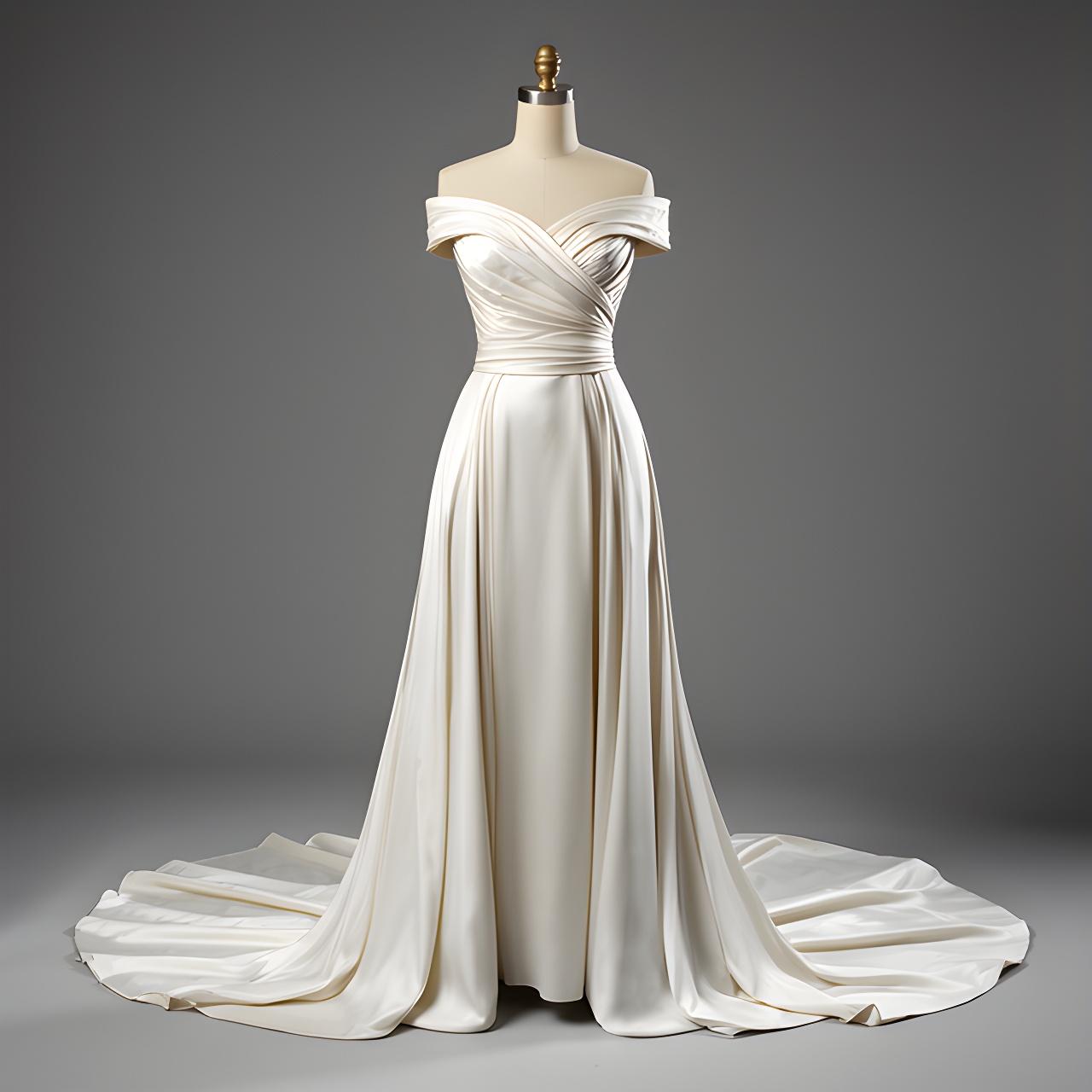 Alabaster silk mikado off-shoulder gown on a mannequin against a soft grey studio backdrop