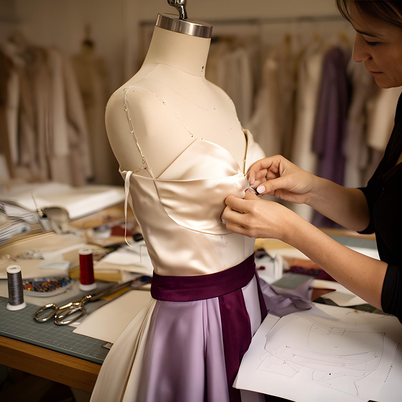 Evening wear designer adjusting a satin bodice on a dress form in a softly lit atelier