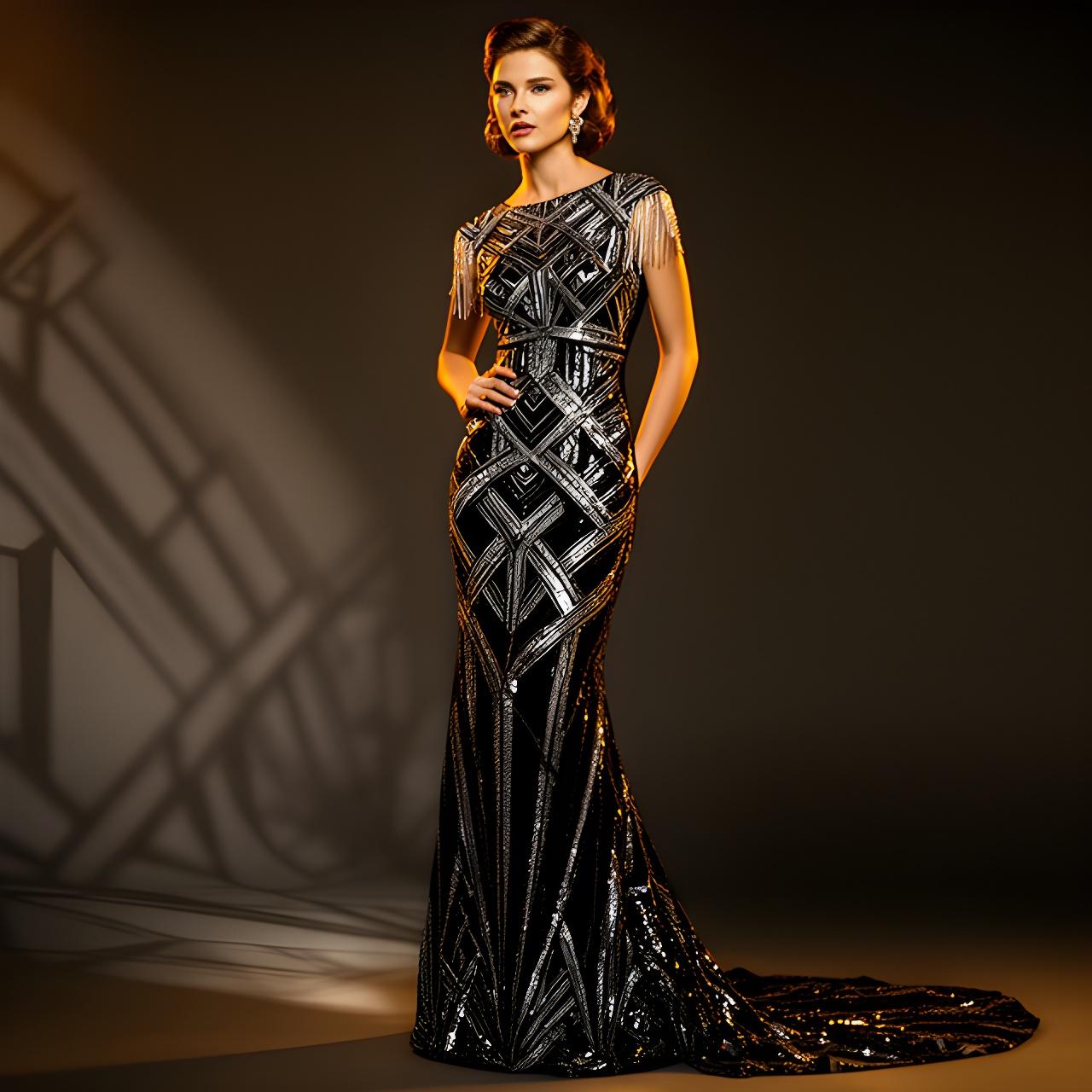 Model wearing a black and silver sequined Art Deco evening gown beneath warm studio lights