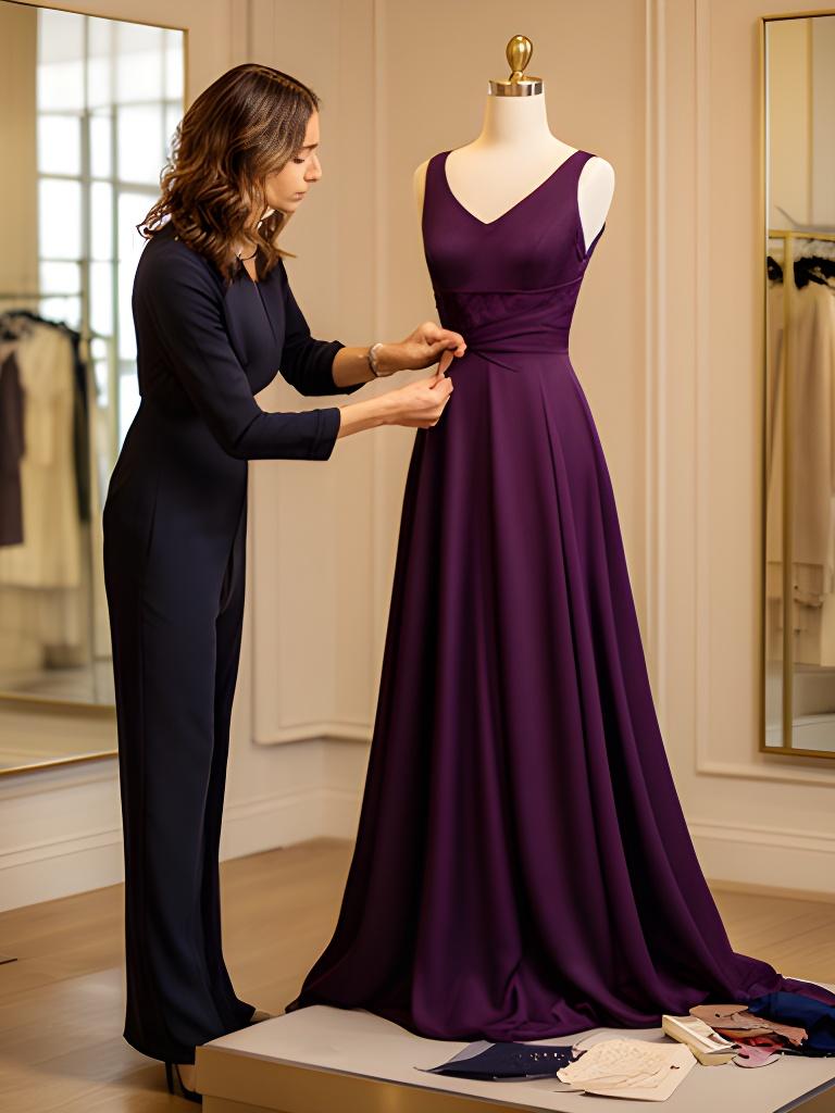 Tailor checking the fit of a formal gown in a softly lit Nottinghamshire fitting room