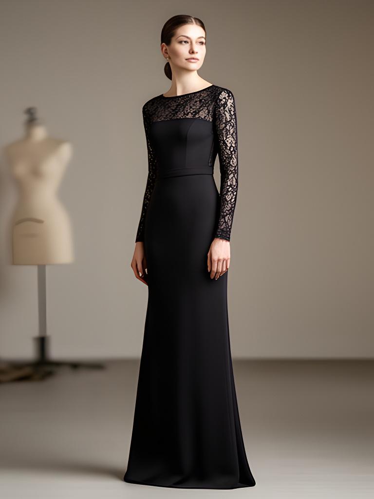 Model wearing the Onyx Column Dress in black crepe with illusion lace sleeves in a softly lit atelier