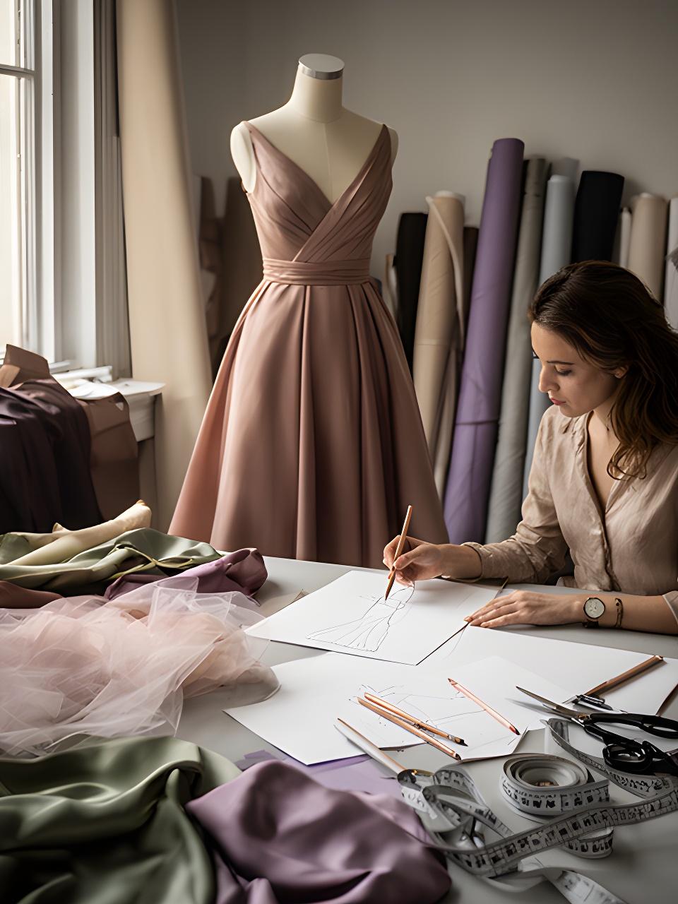 Evening wear designer sketching a flowing gown beside a mannequin and fabric rolls in the atelier