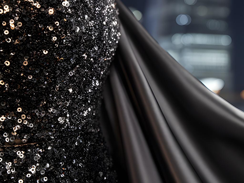 Close-up of a sequined evening bodice catching studio light beside liquid satin fabric