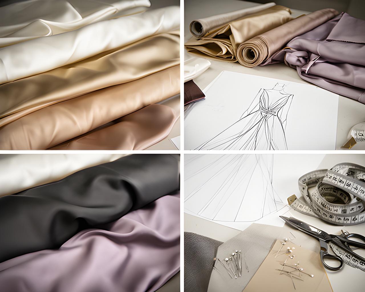 Close-up of ivory, champagne and charcoal fabric bolts arranged beside a gown pattern in an evening wear studio