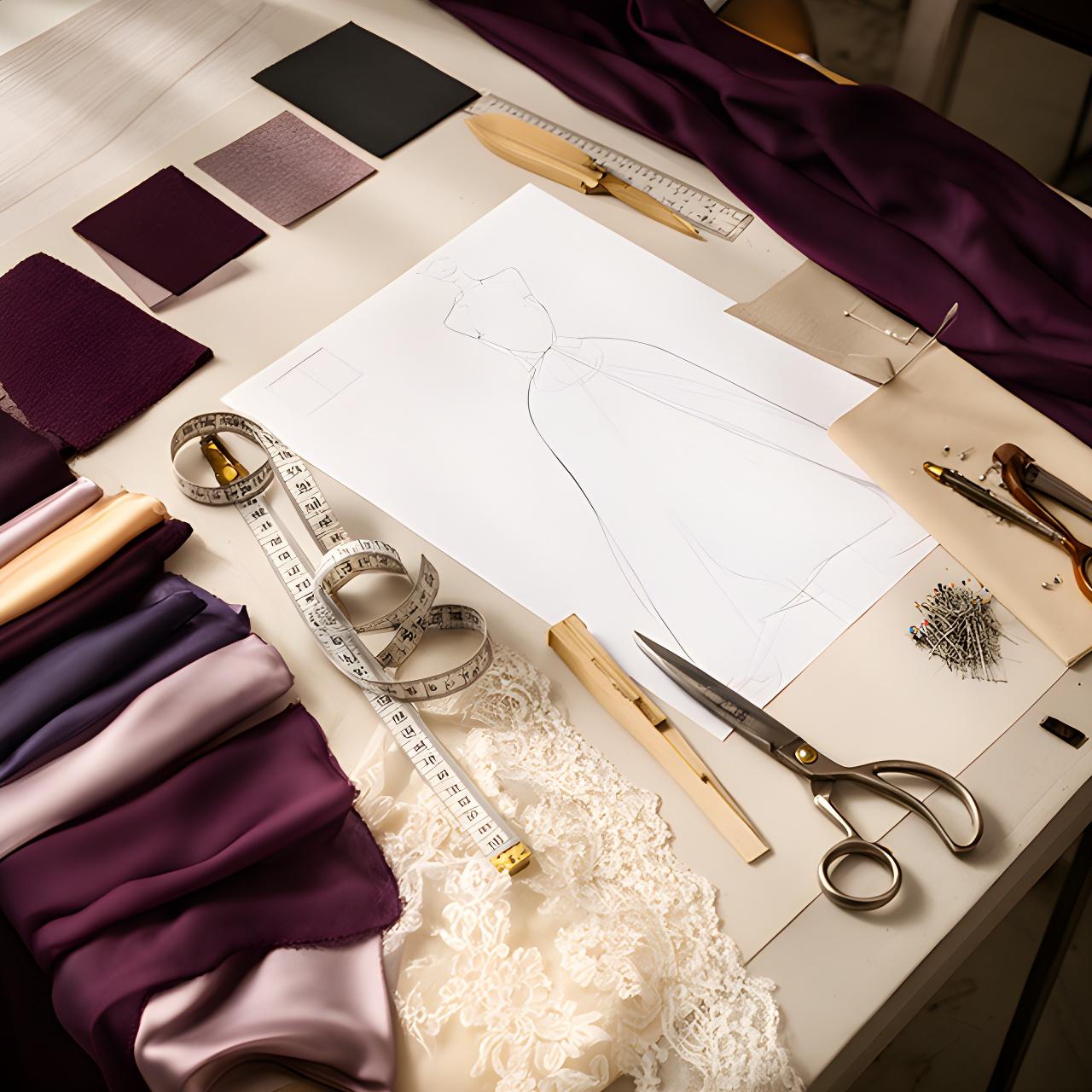 Dress sketch, measuring tape and deep plum fabric swatches arranged on a cutting table