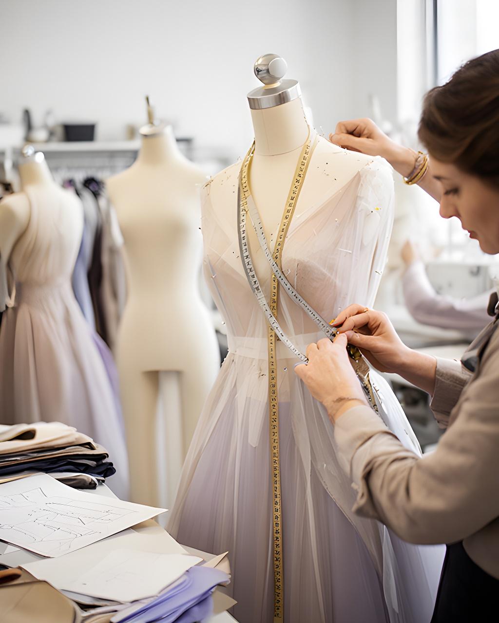 Evening wear designer taking precise measurements on a dress mannequin in a bright Long Eaton studio