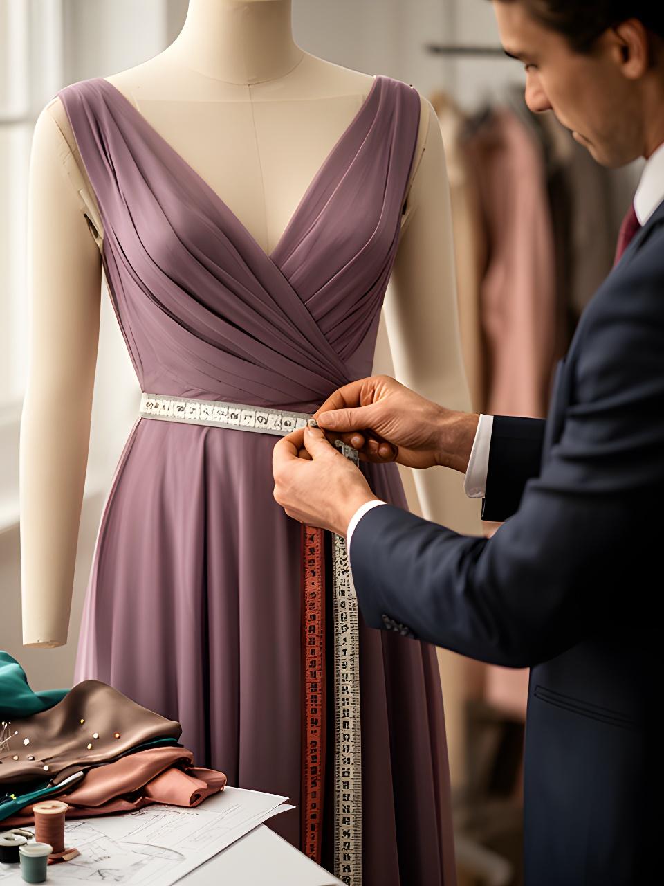 Tailor taking careful garment measurements during a private evening wear fitting
