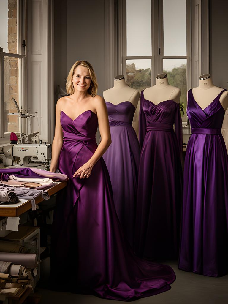Evening wear designer standing in a Nottinghamshire atelier beside finished violet gowns