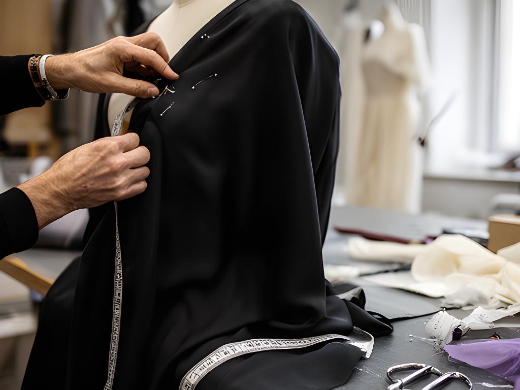 Designer hand-draping soft black fabric on a dress stand in a quiet atelier