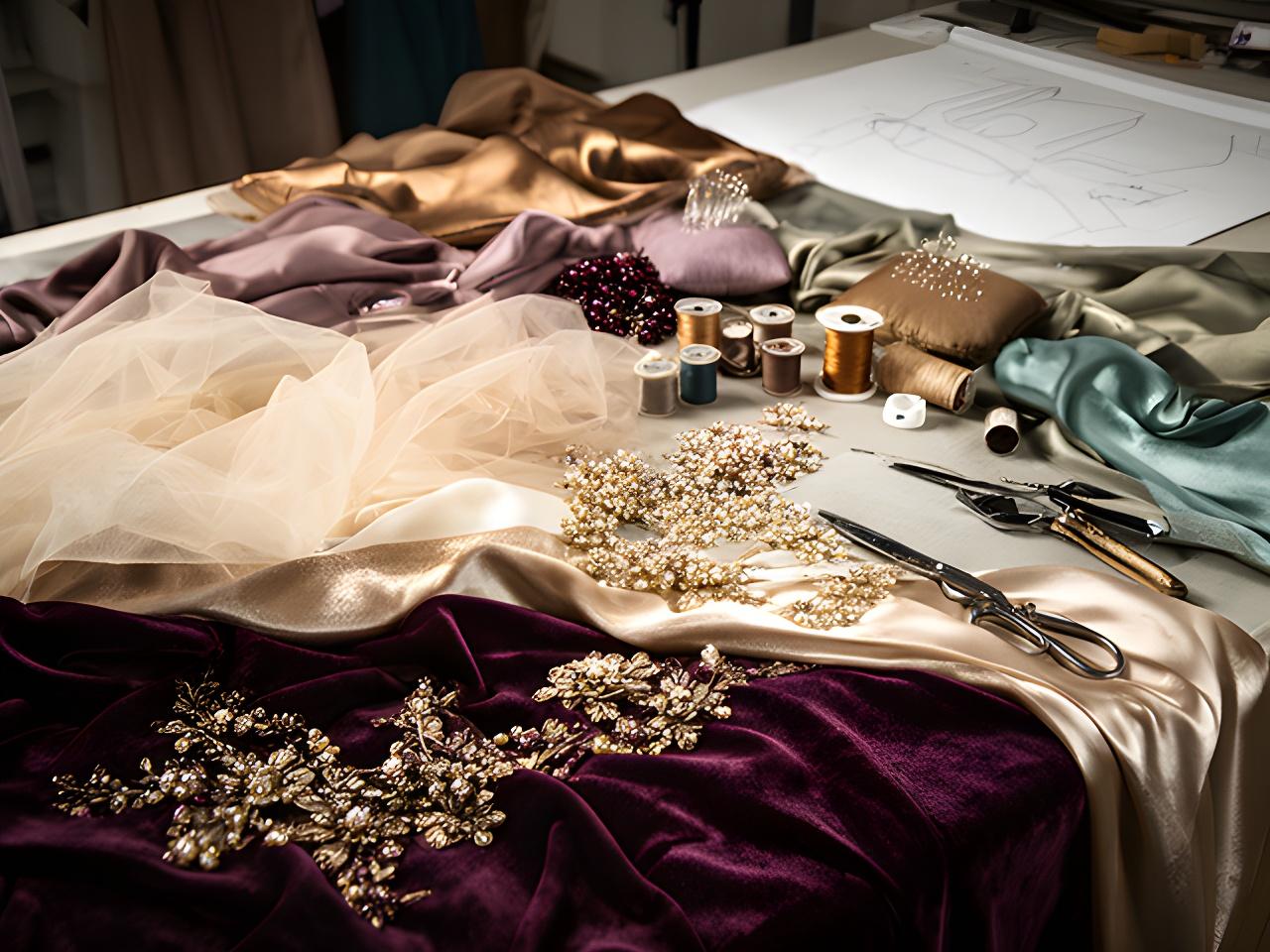 Close view of silk, satin and beadwork arranged on a worktable in an evening wear atelier