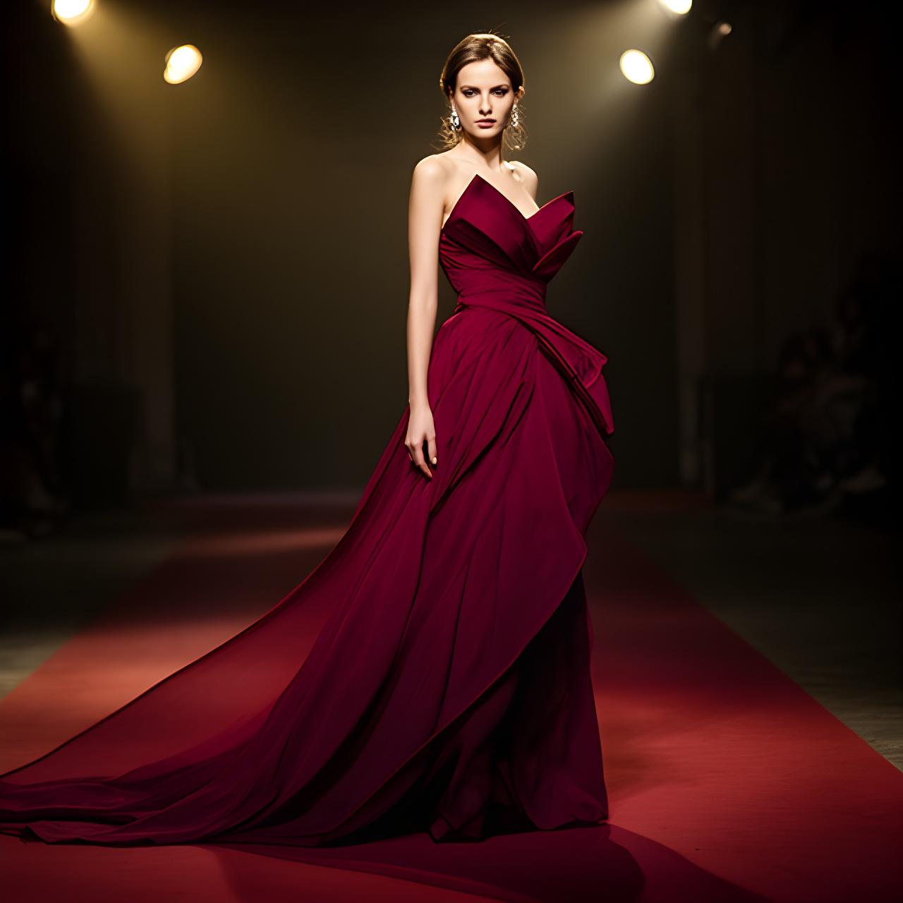 Model wearing a dramatic crimson evening gown with a long train on a dimly lit red carpet