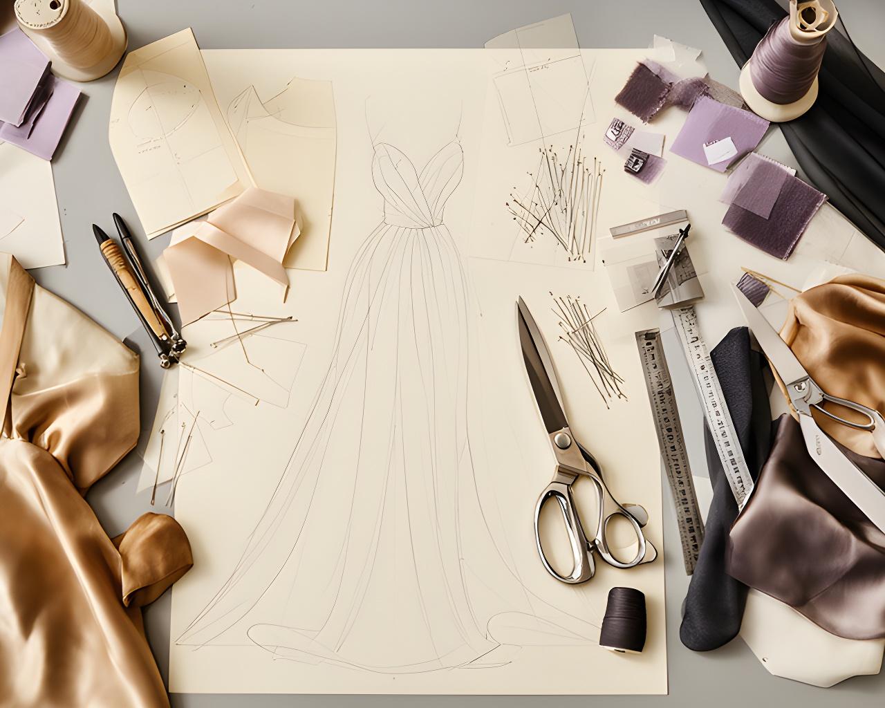 Overhead view of a gown worktable with paper pattern pieces, dressmaking scissors, hand-threaded needles and a sketched evening gown
