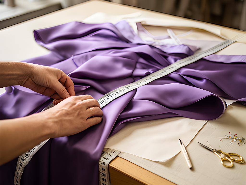 Hands arranging violet silk and measuring tape beside a dressmaking table