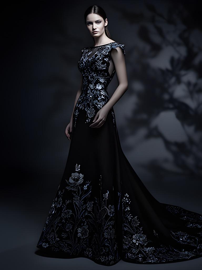 Model wearing a floor-length black gown with embroidered floral motifs against a dark studio backdrop