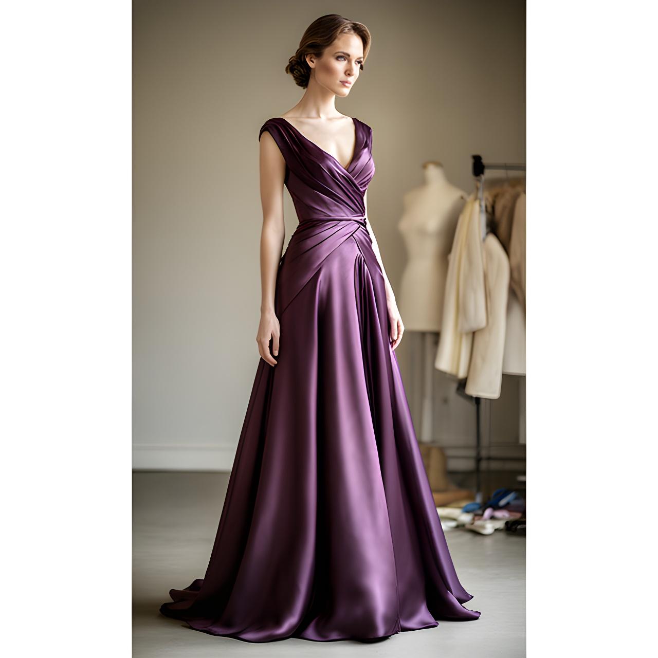 Model wearing a hand-finished silk evening gown in a softly lit Nottinghamshire studio